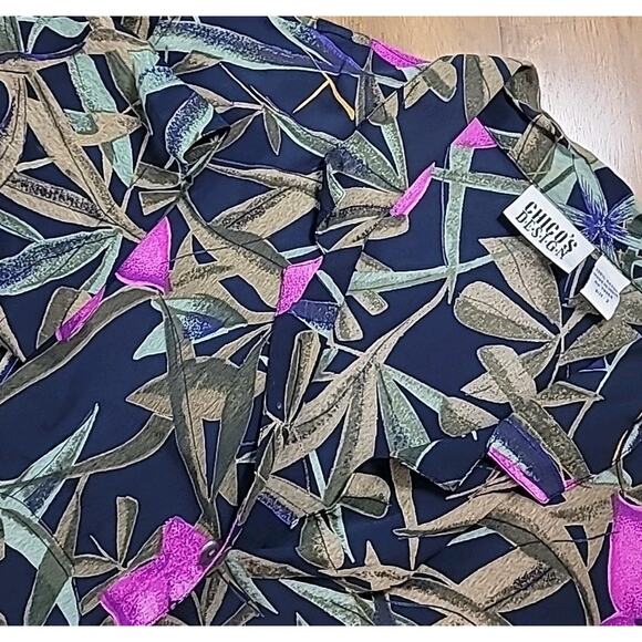 Chico’s Women’s Leaf Print Button Up Top Shirt Pink Black Colorful Sz 2 L EUC - Picture 1 of 7